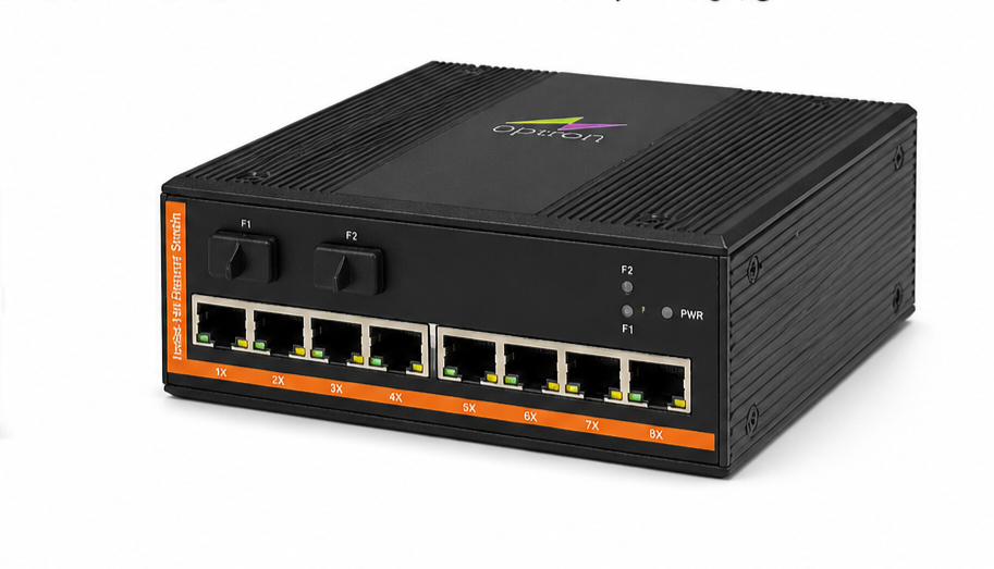 مبدل فیبر نوری صنعتی ۱۰ پورت POE گیگابیتی اپترون مدل OP-IE-8GT2GS-P